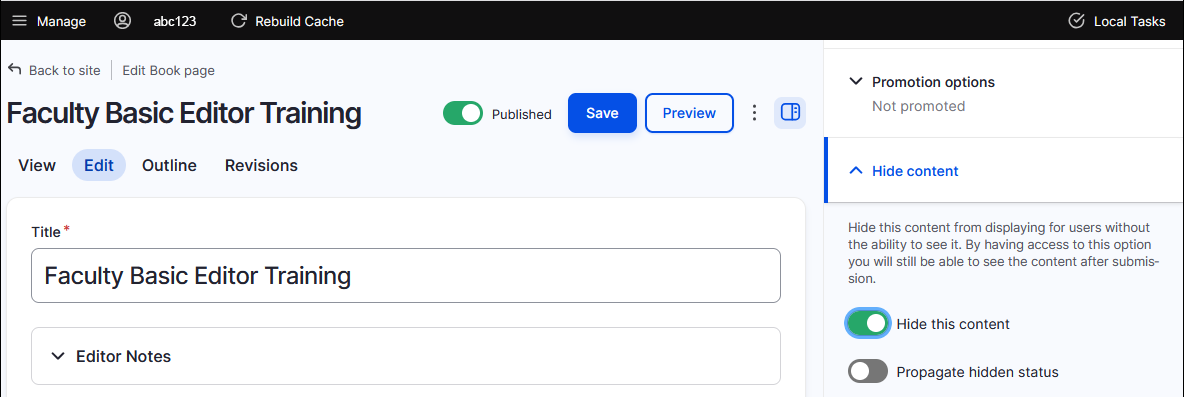 hide content on right hand menu
