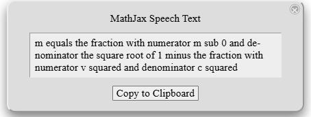 MathJax Speech Text window shows the equation text written in English